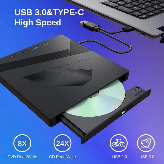 Alt view image 5 of 7 - Hitoor [7 in 1] External DVD CD Drive, USB 3.0 & Type-C Portable CD/DVD +/-RW Disk Drive, CD/DVD Burner, CD ROM, DVD Player External Optical Drive for Laptop Desktop Windows 7/8/10/XP Linux/Vista/Mac