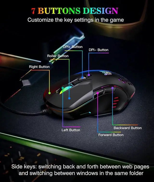 Alt view image 3 of 7 - Hitoor USB Wired PC Gaming Mouse, with High Precision Sensor, RGB Backlit, Adjustable DPI, 7 Buttons Programmable, Ergonomic Gaming Mice for Office & Gaming on Windows/Mac/Linux/Chrome-Black