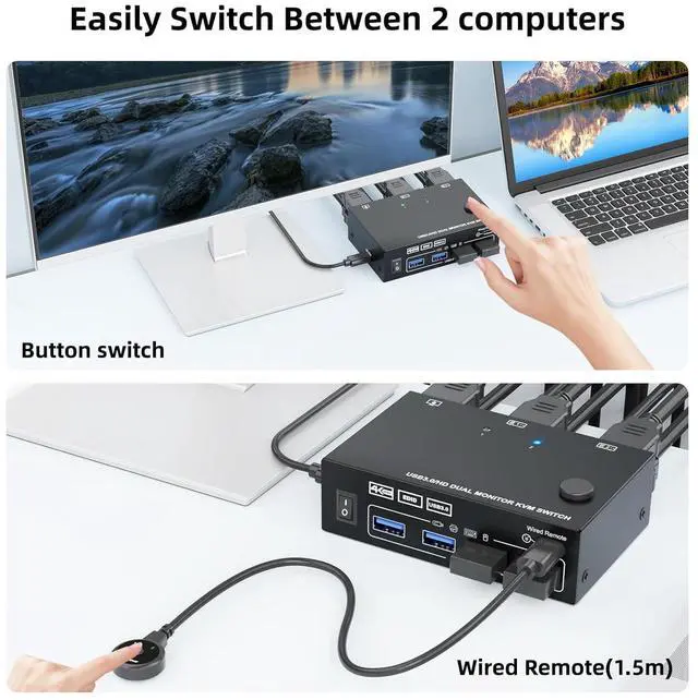 Alt view image 5 of 7 - Hitoor Dual HDMI KVM Switch 2 Monitors 2 Computers 4K@60Hz 2K@144Hz, EDID Simulation, Dual Monitor KVM Switch with 4 USB 3.0 Port for Keyboard Mouse, 2 Monitors HDMI2.1 KVM Switches with Wired Remote
