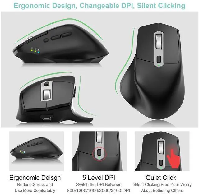 Alt view image 3 of 7 - Hitoor Multi-Device Wireless Bluetooth Mouse with Nano USB-A, USB-C Receiver Ergonomic Right Hand Silent Clicking Rechargeable Mouse for Computer Desktop PC Laptop Mac iPad and Windows 11/10 iPad OS