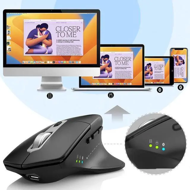 Alt view image 7 of 7 - Hitoor Multi-Device Wireless Bluetooth Mouse with Nano USB-A, USB-C Receiver Ergonomic Right Hand Silent Clicking Rechargeable Mouse for Computer Desktop PC Laptop Mac iPad and Windows 11/10 iPad OS