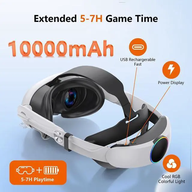 Alt view image 2 of 7 - Hitoor RGB VR Headset for O-cu-lus/Me-ta Quest 3/3S Head Strap with 10000mAh Battery, Rechargeable Elite Strap Extend 4-6H Playtime and Adjustable for VR Headset Compatible with Quest 3/3S Accessories