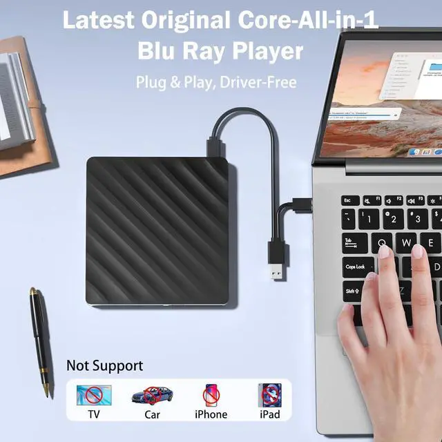Alt view image 7 of 7 - Hitoor [5 in 1] External Blu Ray Drive, USB 3.0 Type-C Portable Blu-Ray Player, CD DVD Burner 3D Blu Ray with 2 USB 3.0 Ports & SD/TF Port, Blu Ray Drive Compatible with Windows Linux Mac OS Laptop PC