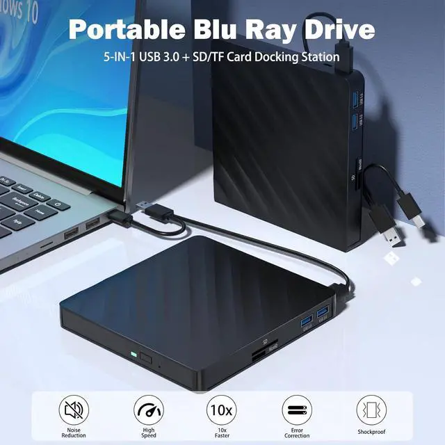 Alt view image 4 of 7 - Hitoor [5 in 1] External Blu Ray Drive, USB 3.0 Type-C Portable Blu-Ray Player, CD DVD Burner 3D Blu Ray with 2 USB 3.0 Ports & SD/TF Port, Blu Ray Drive Compatible with Windows Linux Mac OS Laptop PC