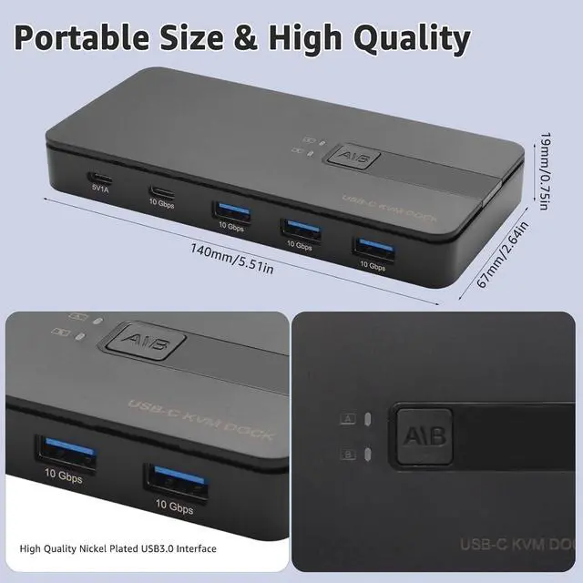 Alt view image 7 of 7 - Hitoor USB C Switch 2 Computers Share 4 USB A & USB C Devices, 10 Gbps USB 3.2 Switch Hub Selector for PC Laptop Keyboard Mouse Printer Scanner One Key Switch Compatible with Windows, Mac, Linux