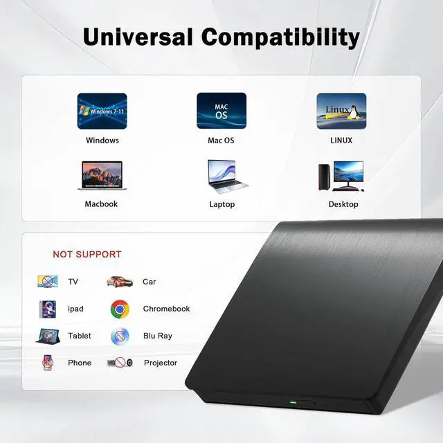 Alt view image 5 of 7 - Hitoor External CD/DVD Drive for Laptop PC, Portable CD DVD Player USB 3.0 Type C Portable Optical Drive, External CD DVD Burner Compatible with Windows 10 11 Linux Mac OS