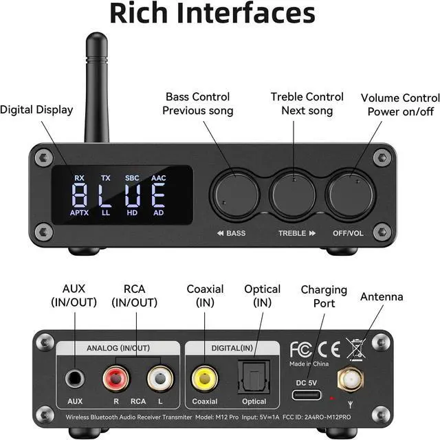 Alt view image 2 of 7 - Hitoor Bluetooth 5.2 Transmitter Receiver for TV, Home Stereo, BT Headset, Low Latency HD Bluetooth Audio Decoder Adapter with Display, RCA, 3.5mm AUX, Coaxial, Optical Inputs/Outputs giyqxHw