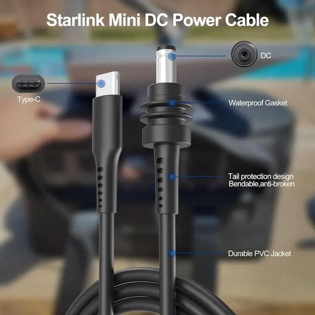 Alt view image 6 of 7 - Hitoor for Starlink Mini Cable 3.3ft./1M, USB C to DC Power Cable Starlink Mini Accessories Type-C to Waterproof Barrel Jack 18AWG Built-in PD E-Mark chip Supports PD 100W Charging