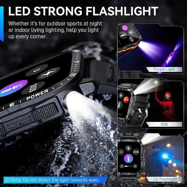 Alt view image 2 of 7 - Hitoor Military Smart Watch for Men with LED Flashlight Watch 2.0'' Big Screen Tactical Smartwatch 430mAh Big Battery Fitness Tracker with Heart Rate Sleep Monitor Make Calls for IOS Android Phones