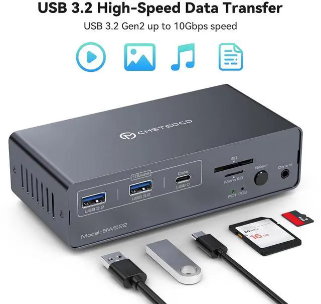 Alt view image 5 of 7 - Hitoor KVM Switch 2 Monitors 2 Computers USB C Docking Station with 4K60Hz HDMI and 4K120Hz DP KVM Switch Dual Monitor 10Gbps USB C+USB A 3.2 5Gbps USB 3.0 and SD/microSD Card Slots for Laptop&Desktop