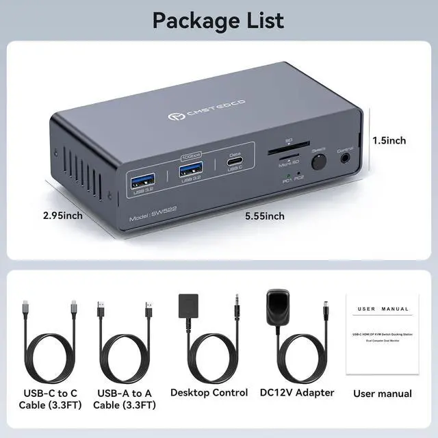 Alt view image 7 of 7 - Hitoor KVM Switch 2 Monitors 2 Computers USB C Docking Station with 4K60Hz HDMI and 4K120Hz DP KVM Switch Dual Monitor 10Gbps USB C+USB A 3.2 5Gbps USB 3.0 and SD/microSD Card Slots for Laptop&Desktop