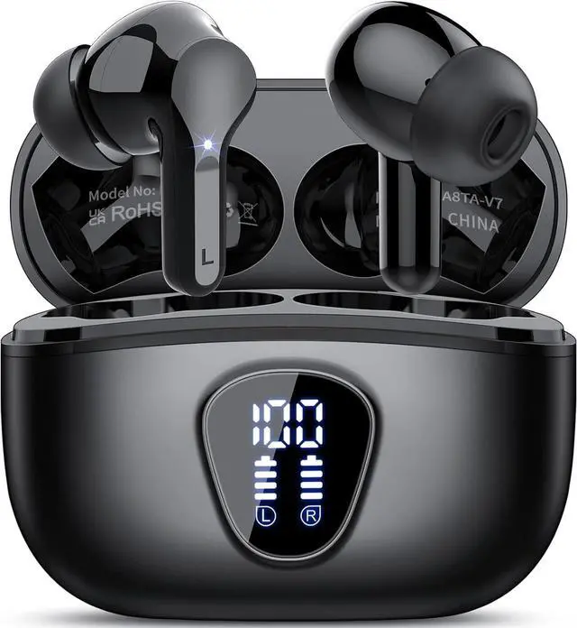 Main image of Hitoor Wireless Earbuds, Bluetooth 5.3 Headphones HiFi Stereo, Bluetooth Earbuds with ENC Noise Cancelling Mic, IP7 Waterproof in Ear Earphones, 48H, LED Display Ear buds for Pad Workout Sports, Black
