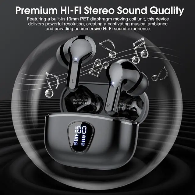 Alt view image 4 of 7 - Hitoor Wireless Earbuds, Bluetooth 5.3 Headphones HiFi Stereo, Bluetooth Earbuds with ENC Noise Cancelling Mic, IP7 Waterproof in Ear Earphones, 48H, LED Display Ear buds for Pad Workout Sports, Black