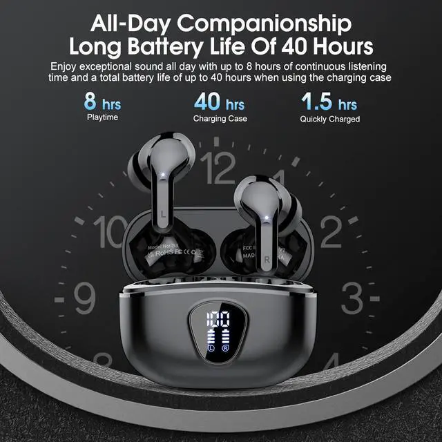 Alt view image 5 of 7 - Hitoor Wireless Earbuds, Bluetooth 5.3 Headphones HiFi Stereo, Bluetooth Earbuds with ENC Noise Cancelling Mic, IP7 Waterproof in Ear Earphones, 48H, LED Display Ear buds for Pad Workout Sports, Black