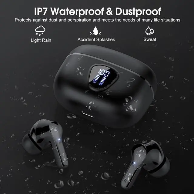 Alt view image 7 of 7 - Hitoor Wireless Earbuds, Bluetooth 5.3 Headphones HiFi Stereo, Bluetooth Earbuds with ENC Noise Cancelling Mic, IP7 Waterproof in Ear Earphones, 48H, LED Display Ear buds for Pad Workout Sports, Black