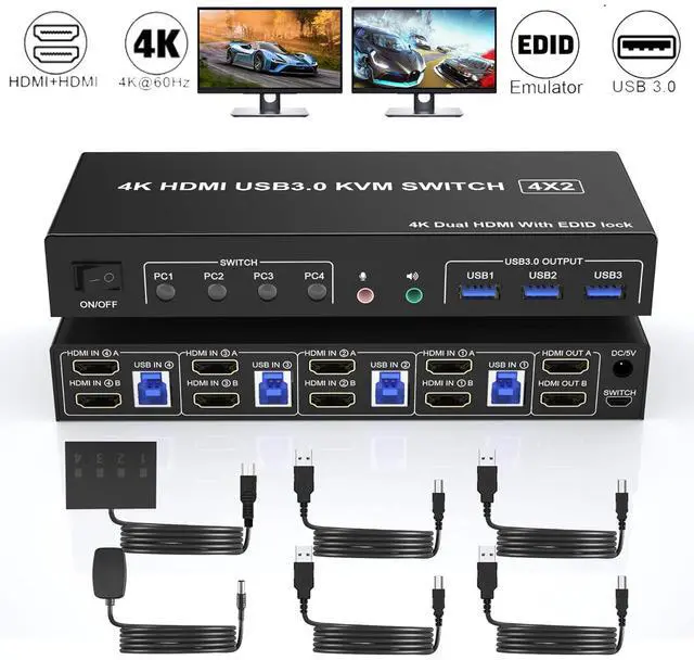 Main image of Hitoor USB 3.0 KVM Switch HDMI Dual Monitors 4 Computers, 4K@60Hz HDMI Dual Monitor Switch for 4 PCs with Audio Output and 3 USB 3.0 Ports, 4 Port HDMI KVM Switch 4 PC 2 Monitors, with EDID Emulators