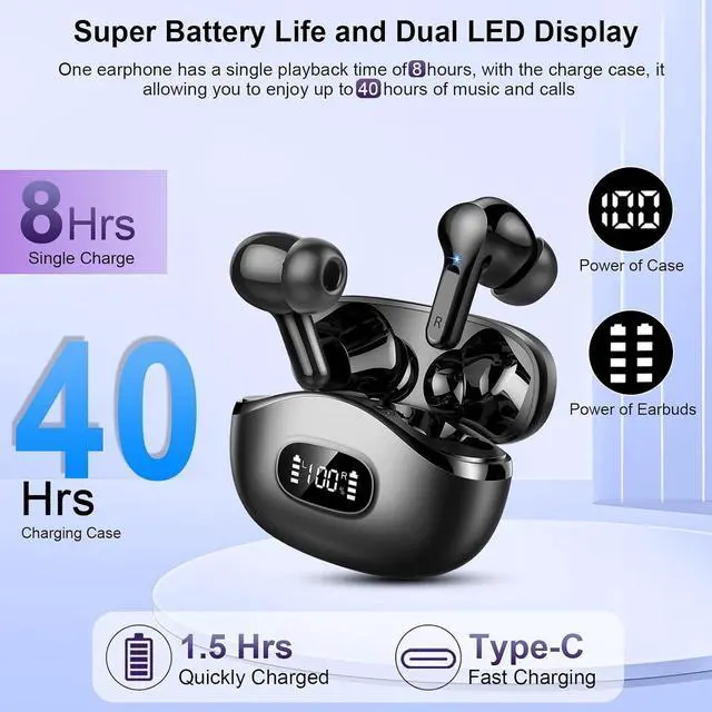 Alt view image 4 of 7 - Hitoor Wireless Earbuds, Bluetooth 5.3 Headphones In Ear Earphones 4 ENC Noise Cancelling Mic Headphones with HIFI Stereo, 40H Playtime, Type-C Charging Case, IP7 Waterproof Running Ear buds Headphone