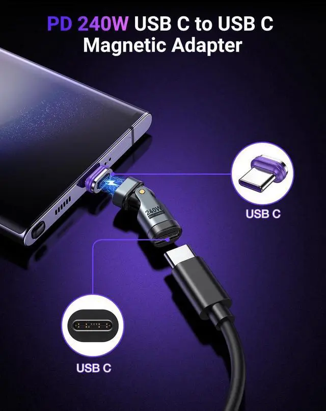 Alt view image 2 of 7 - Hitoor PD 240W 16PIN USB C Magnetic Adapter (2Pack)/USB C 90 Degree Adapter/Right Angle C Adapter/C to C Adapter for i-Phone 16/15 Series, Ma-Book Pro/1Pad Series, Galaxy, G-oo-gle Pixel etc..