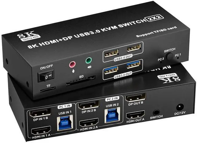 Main image of Hitoor HDMI Displayport KVM Switch 2 Monitors 2 Computers 8K@60Hz,Dual Monitor Switch for 2 Computers, Support Extended/Mirror Mode SD/TF Card, 4 USB 3.0 Port for Keyboard Mouse,Desktop Controller
