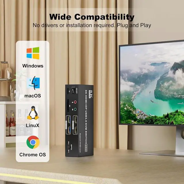 Alt view image 7 of 7 - Hitoor HDMI Displayport KVM Switch 2 Monitors 2 Computers 8K@60Hz,Dual Monitor Switch for 2 Computers, Support Extended/Mirror Mode SD/TF Card, 4 USB 3.0 Port for Keyboard Mouse,Desktop Controller