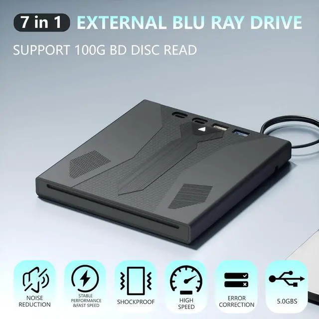 Alt view image 3 of 7 - Hitoor [7 in 1] External Blu Ray Drive, Support 100G Disc USB 3.0 and Type-C Blu Ray Burner Portable Blu Ray DVD/CD/BD Player, 3D Optical Bluray DVD Drive Compatible with Laptop Desktop Windows MacOS