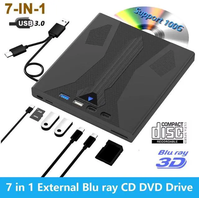 Main image of Hitoor [7 in 1] External Blu Ray Drive, Support 100G Disc USB 3.0 and Type-C Blu Ray Burner Portable Blu Ray DVD/CD/BD Player, 3D Optical Bluray DVD Drive Compatible with Laptop Desktop Windows MacOS