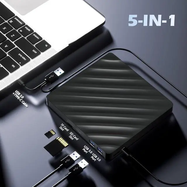 Alt view image 4 of 7 - Hitoor 5 in 1 External Bluray Drive, USB 3.0 Type-C Slim Optical External Blu-ray DVD Burner with SD/TF Card Reader 2 USB 3.0 Hubs Compatible with Windows XP/7/8/10 MacOS MacBook Laptop and Desktop PC