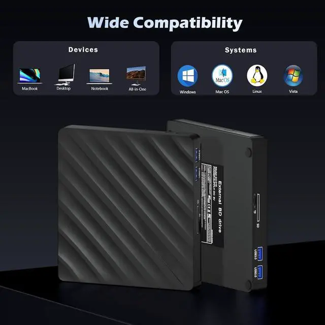 Alt view image 6 of 7 - Hitoor 5 in 1 External Bluray Drive, USB 3.0 Type-C Slim Optical External Blu-ray DVD Burner with SD/TF Card Reader 2 USB 3.0 Hubs Compatible with Windows XP/7/8/10 MacOS MacBook Laptop and Desktop PC