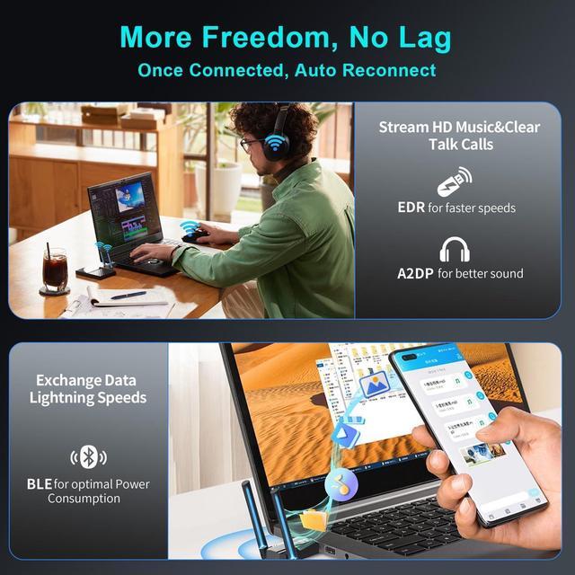 Alt view image 7 of 7 - Hitoor USB Bluetooth 5.4 Adapter for PC Laptop, Long Range 492FT/150M Wireless Dongle Adaptor for Windows 11 10 8.1 7 Desktop, Plug and Play Bluetooth Mouse Keyboard Headphones Speaker Game Controller