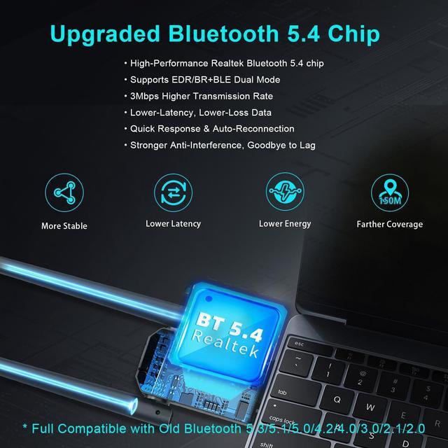 Alt view image 2 of 7 - Hitoor USB Bluetooth 5.4 Adapter for PC Laptop, Long Range 492FT/150M Wireless Dongle Adaptor for Windows 11 10 8.1 7 Desktop, Plug and Play Bluetooth Mouse Keyboard Headphones Speaker Game Controller
