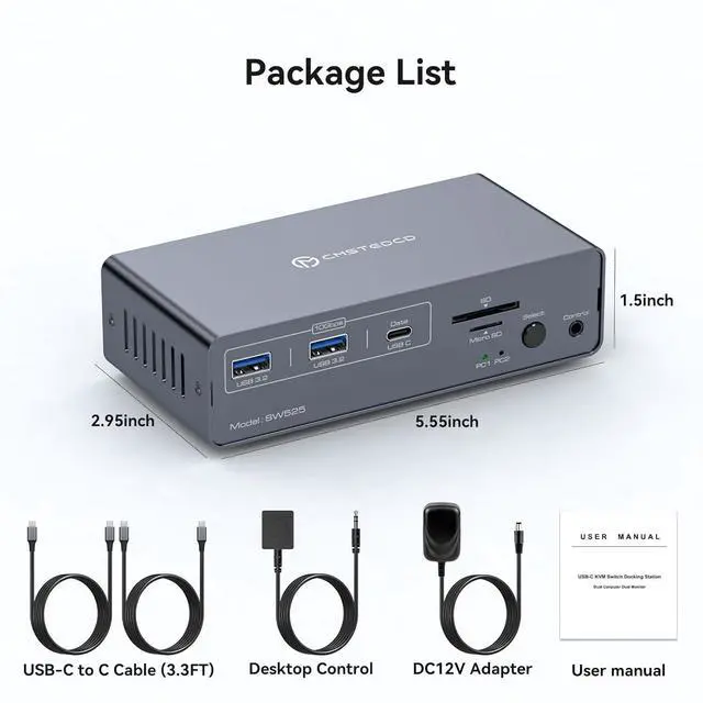 Alt view image 7 of 7 - Hitoor 4K@120Hz USB C Docking Station with KVM Switch 2 Monitors 2 Computers Displayport USB 3.2 KVM Switches Dual Monitor for Dual Laptops Share a 1G Ethernet and SD/microSD Card Slots, Wired Remote