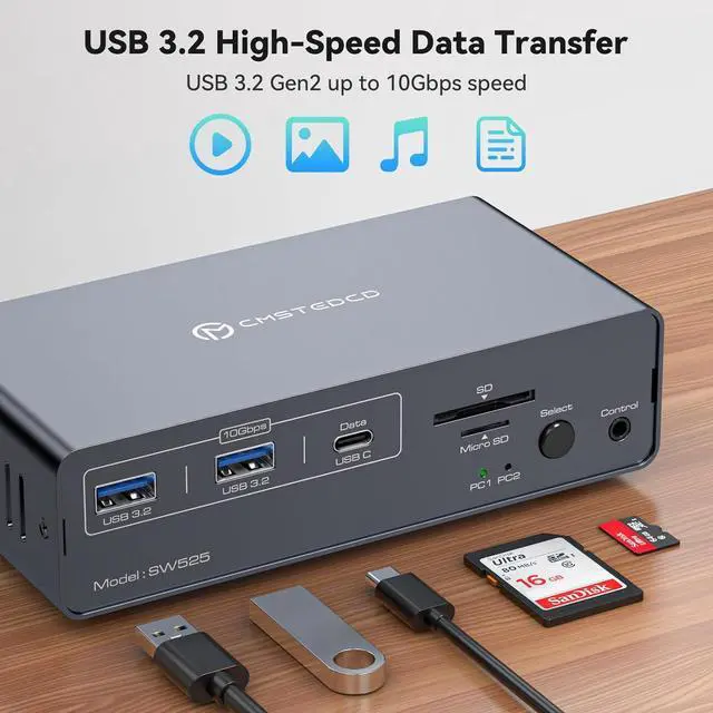 Alt view image 6 of 7 - Hitoor 4K@120Hz USB C Docking Station with KVM Switch 2 Monitors 2 Computers Displayport USB 3.2 KVM Switches Dual Monitor for Dual Laptops Share a 1G Ethernet and SD/microSD Card Slots, Wired Remote