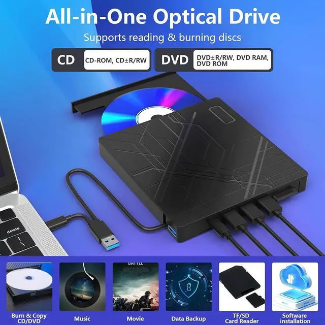 Alt view image 3 of 7 - Hitoor 7 in 1 External CD/DVD Drive for Laptop, USB 3.0 Ultra Slim Portable CD Burner with 4 USB Ports and 2 TF/SD Card Slots, External CD DVD Drive Compatible with Mac, PC, Windows 11/10/8/7, Linux