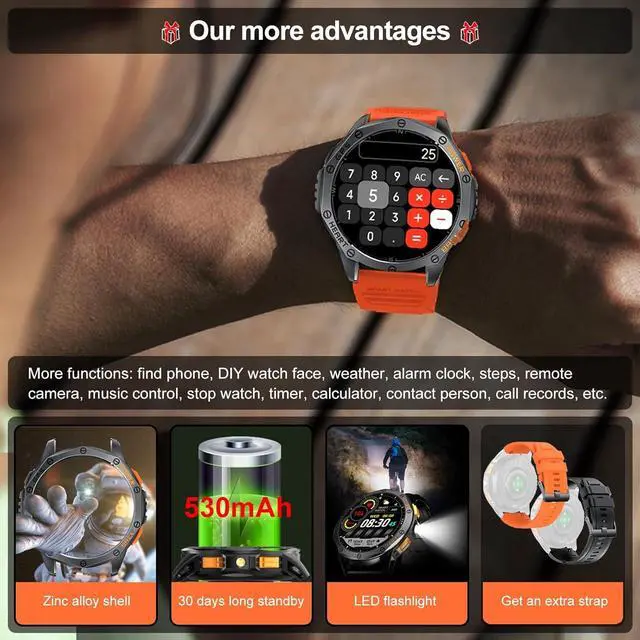 Alt view image 6 of 7 - Hitoor Military Smart Watches Built-in GPS, 170+ Sport Modes Fitness Smart Watch for Men with Flashlight, Smartwatch for Android Phones and iPhone, 1.43" AMOLED Screen Bluetooth Call Compass Altimeter