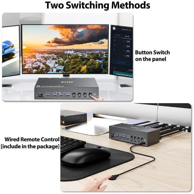 Alt view image 6 of 7 - Hitoor KVM Switch 2 Monitors 4 Computers, USB 3.0 DisplayPort + HDMI Dual Monitor KVM Switch, Supports 8K@30Hz, 4K144Hz for 4 Computers that Share 2 Monitors and 4 USB 3.0 Device, with Wired Remote