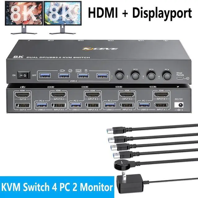Main image of Hitoor KVM Switch 2 Monitors 4 Computers, USB 3.0 DisplayPort + HDMI Dual Monitor KVM Switch, Supports 8K@30Hz, 4K144Hz for 4 Computers that Share 2 Monitors and 4 USB 3.0 Device, with Wired Remote