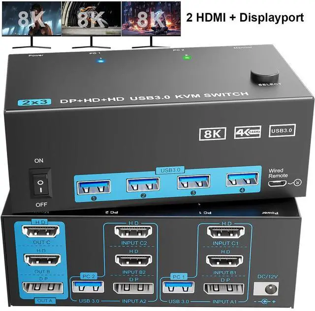 Main image of Hitoor KVM Switch 3 Monitors 2 Computers, 8K@60Hz 4K@144Hz Triple Monitor KVM, 2 HDMI + 1 Displayport KVM Switch with 4 USB 3.0 Ports, 3 Monitor KVM Switches with Power Adapter and Wired Remote