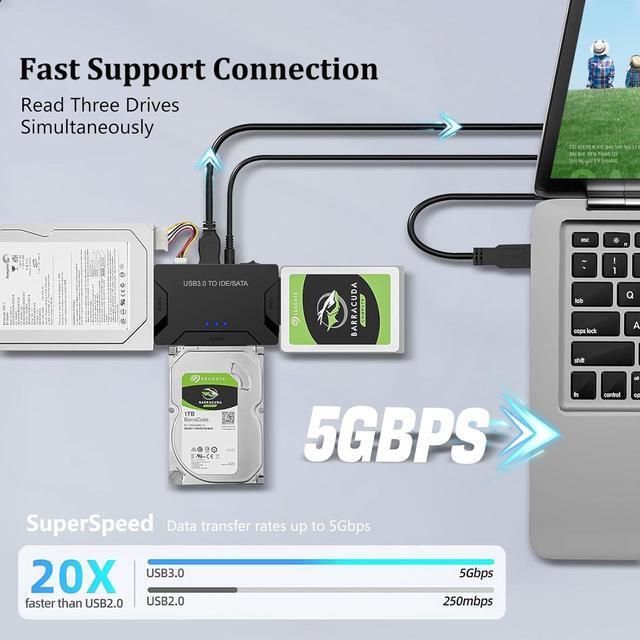 Alt view image 4 of 7 - Hitoor USB 3.0 to IDE/SATA Adapter | Universal External Hard Drive Reader & Data Recovery Converter for 2.5"/3.5" HDD/SSD | One Touch Backup Function | with 12V/2A Power Supply & Multi-Drive Support