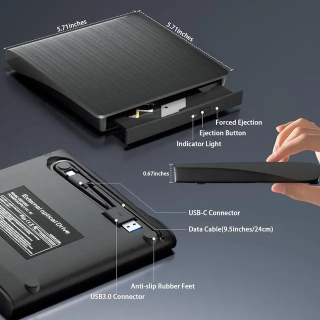 Alt view image 5 of 7 - Hitoor External CD DVD Drive for Laptops, USB 3.0 Type-C Portable CD/DVD Player & Burner for Laptop/Desktop, USB C CD/DVD Drive, Compatible with Windows, Mac, Linux, Record CD/DVD Player Burner