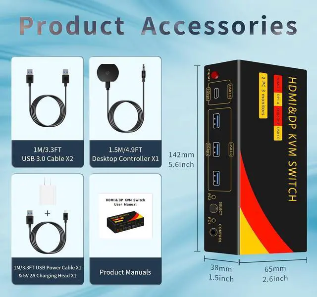 Alt view image 7 of 7 - Hitoor 2*Displayport + 1*HDMI KVM Switches 3 Monitors 2 Computers, 8K@60HZ Triple Monitor KVM Switch for 2 PC share 3 Monitors and 4 USB Devices, Support Extended and Copy Mode, with Wired Remote