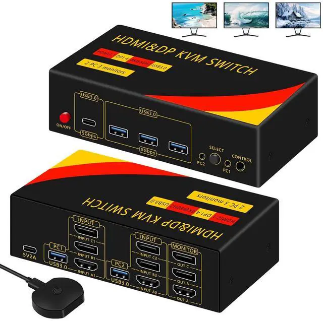 Main image of Hitoor 2*Displayport + 1*HDMI KVM Switches 3 Monitors 2 Computers, 8K@60HZ Triple Monitor KVM Switch for 2 PC share 3 Monitors and 4 USB Devices, Support Extended and Copy Mode, with Wired Remote