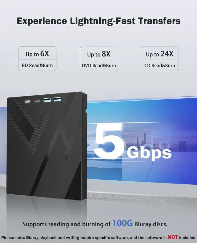 Alt view image 2 of 7 - Hitoor 7 in 1 External Blu Ray Drive, USB 3.0 & Type C External Blueray/DVD Drive for PC with SD/TF Port Blu Ray Burner, Support 100G Disc External Blu Ray Drive for Windows Linux MacOS Laptop Desktop