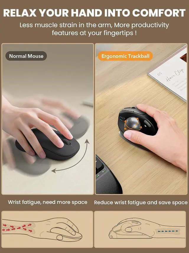 Alt view image 3 of 7 - Hitoor Wireless Trackball Mouse, Ergonomic Bluetooth Rechargeable Computer Mouse, Backlit Rollerball Thumb Laptop mice with 5 Level DPI, Adjustable Angle, 3 Devices Connection for PC, Mac, Windows
