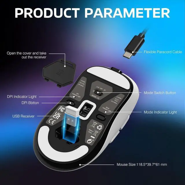 Alt view image 7 of 7 - Hitoor Wireless Gaming Mouse, 49g Ergonomic Computer Mouse, Triple Modes PAW3395 26K DPI Optical Sensor, 200h Battery Life, Programmable Buttons, Gaming Accessories for PC/Laptop/Mac (White)