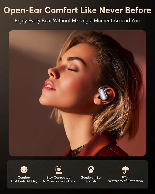 Alt view image 3 of 7 - Hitoor Open Ear Headphones - 5.4 Bluetooth Wireless Earphones for Running, Ultra Comfort Sport Open Ear Buds, Stereo Sound Earbuds Wireless, IP7, 50H Playtime, with Charging Case