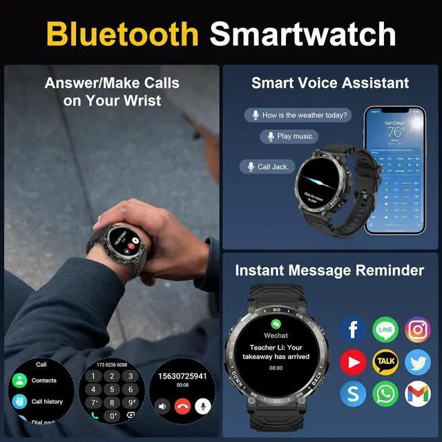 Alt view image 2 of 6 - Hitoor Smart Watches for Men-Bluetooth Call, 1.52" Military Smart Watch for Android iPhone, Waterproof Fitness Tracker Watch with Sleep Tracker, 118 Sports Modes, GPS Pedometer/Step Counter Smartwatch
