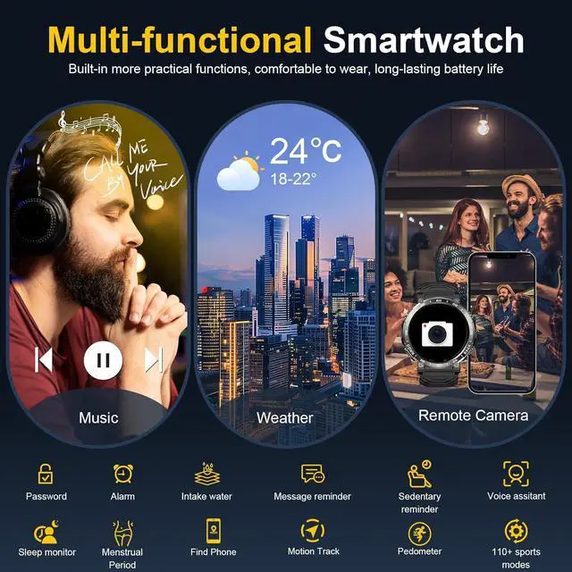 Alt view image 6 of 6 - Hitoor Smart Watches for Men-Bluetooth Call, 1.52" Military Smart Watch for Android iPhone, Waterproof Fitness Tracker Watch with Sleep Tracker, 118 Sports Modes, GPS Pedometer/Step Counter Smartwatch