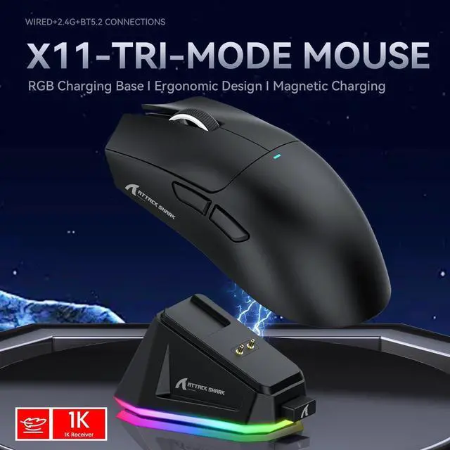 Alt view image 2 of 7 - Hitoor Ultra-Light Triple Mode (Wired, 2.4GHz Wireless & Bluetooth) Gaming Mouse, PAW3311 Optical Sensor, up to 22K DPI 5 programmable Buttons, Magnetic Charging Dock, Gaming Mice for Laptops, PC/Mac