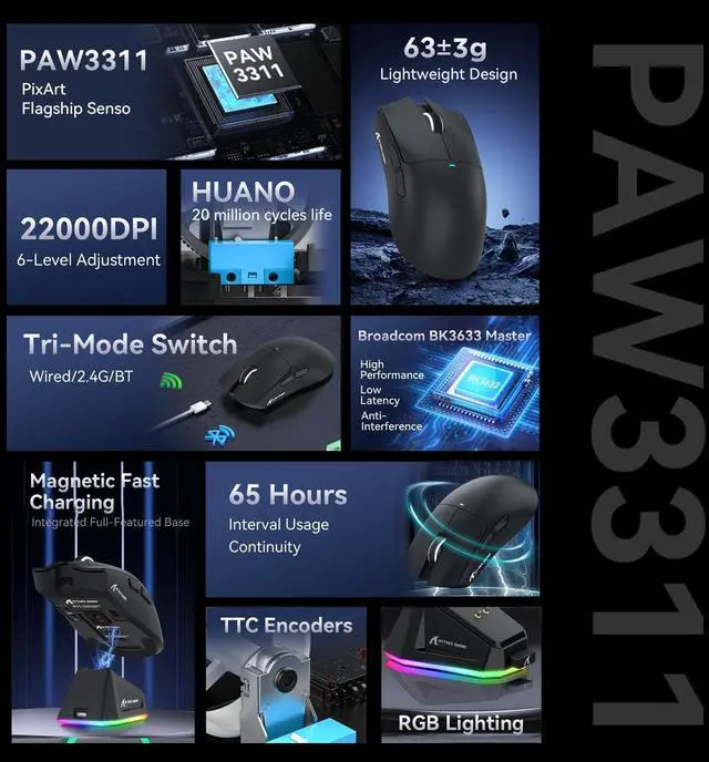 Alt view image 3 of 7 - Hitoor Ultra-Light Triple Mode (Wired, 2.4GHz Wireless & Bluetooth) Gaming Mouse, PAW3311 Optical Sensor, up to 22K DPI 5 programmable Buttons, Magnetic Charging Dock, Gaming Mice for Laptops, PC/Mac