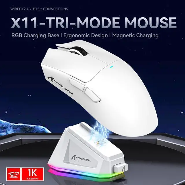 Alt view image 2 of 7 - Hitoor Ultra-Light Triple Mode (Wired, 2.4GHz Wireless & Bluetooth) Gaming Mouse, PAW3311 Optical Sensor, up to 22K DPI 5 programmable Buttons, Magnetic Charging Dock, Gaming Mice for Laptops, PC/Mac